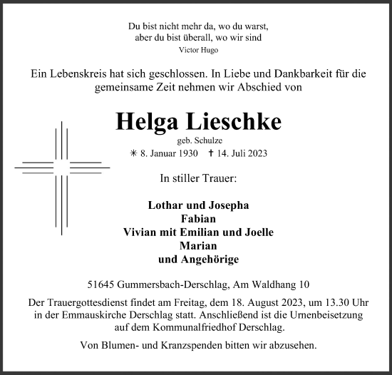Anzeige von Helga Lieschke von Kölner Stadt-Anzeiger / Kölnische Rundschau / Express
