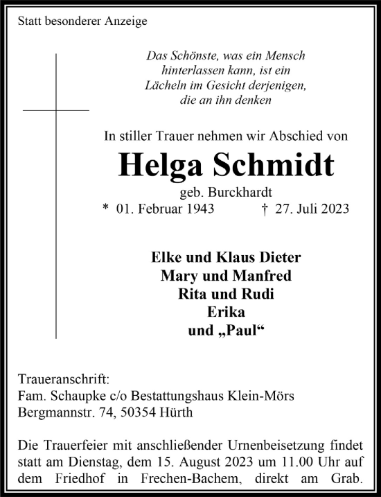 Anzeige von Helga Schmidt von  Wochenende 