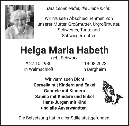 Anzeige von Helga Maria Habeth von  Werbepost 