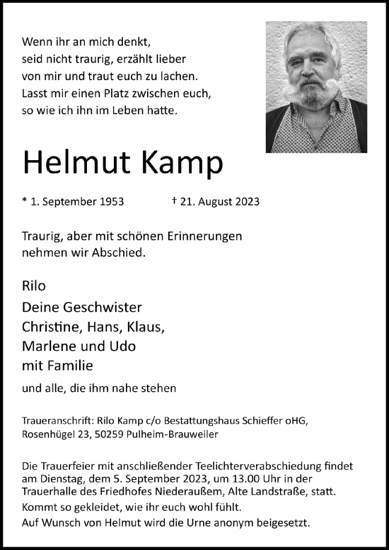 Anzeige von Helmut Kamp von  Werbepost 