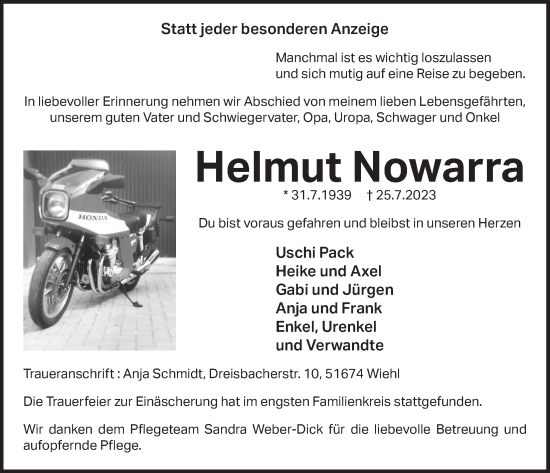 Anzeige von Helmut Nowarra von  Anzeigen Echo 