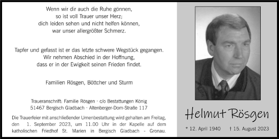 Anzeige von Helmut Rösgen von  Bergisches Handelsblatt 