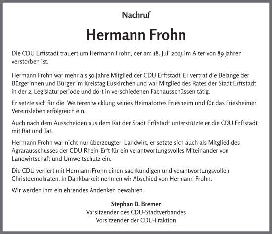 Anzeige von Hermann Frohn von  Werbepost 