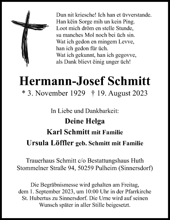 Anzeige von Hermann-Josef Schmitt von Kölner Stadt-Anzeiger / Kölnische Rundschau / Express