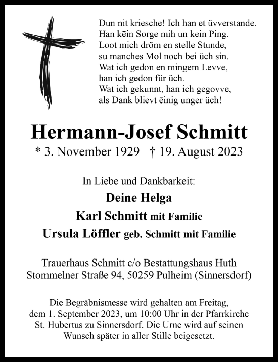 Anzeige von Hermann-Josef Schmitt von  Wochenende 