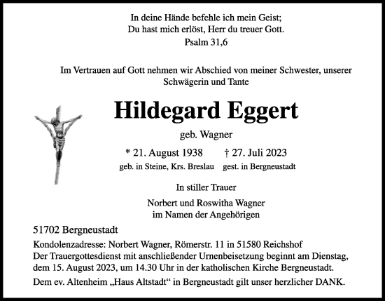 Anzeige von Hildegard Eggert von Kölner Stadt-Anzeiger / Kölnische Rundschau / Express