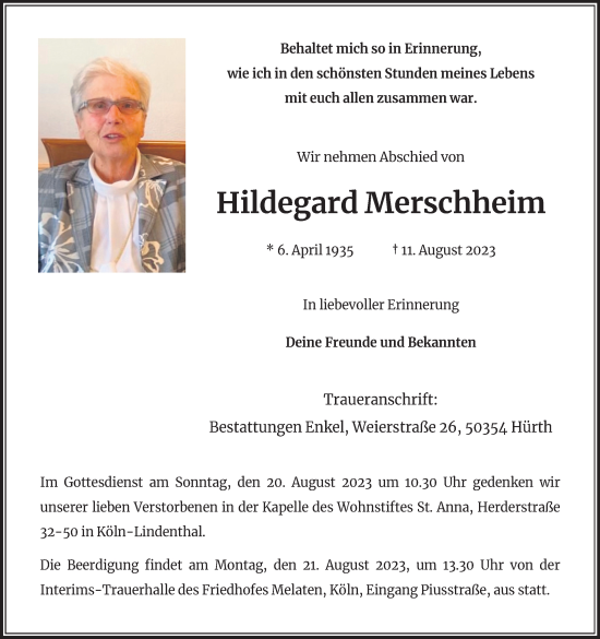 Anzeige von Hildegard Merschheim von Kölner Stadt-Anzeiger / Kölnische Rundschau / Express