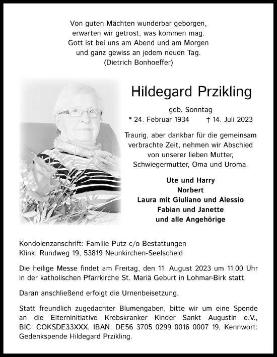 Anzeige von Hildegard Przikling von Kölner Stadt-Anzeiger / Kölnische Rundschau / Express