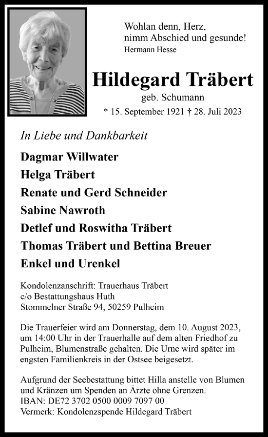 Anzeige von Hildegard Träbert von  Wochenende 