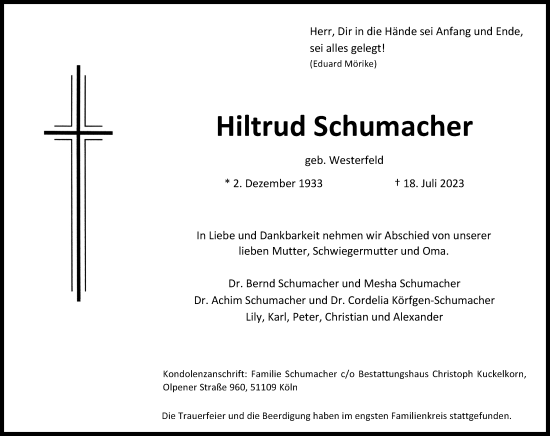 Anzeige von Hiltrud Schumacher von Kölner Stadt-Anzeiger / Kölnische Rundschau / Express