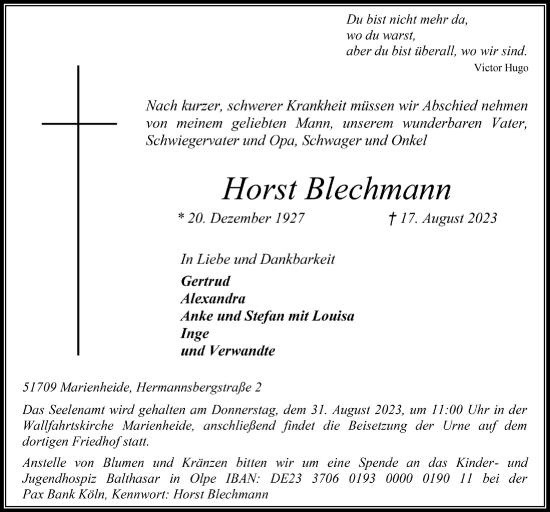 Anzeige von Horst Blechmann von  Anzeigen Echo 