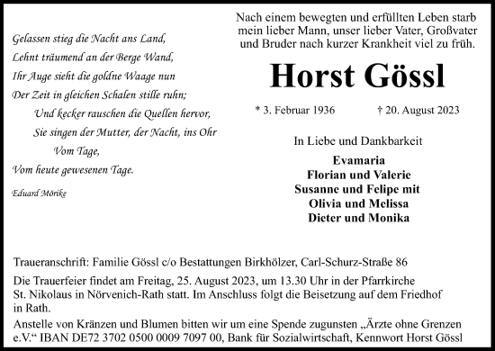 Anzeige von Horst Gössl von Kölner Stadt-Anzeiger / Kölnische Rundschau / Express