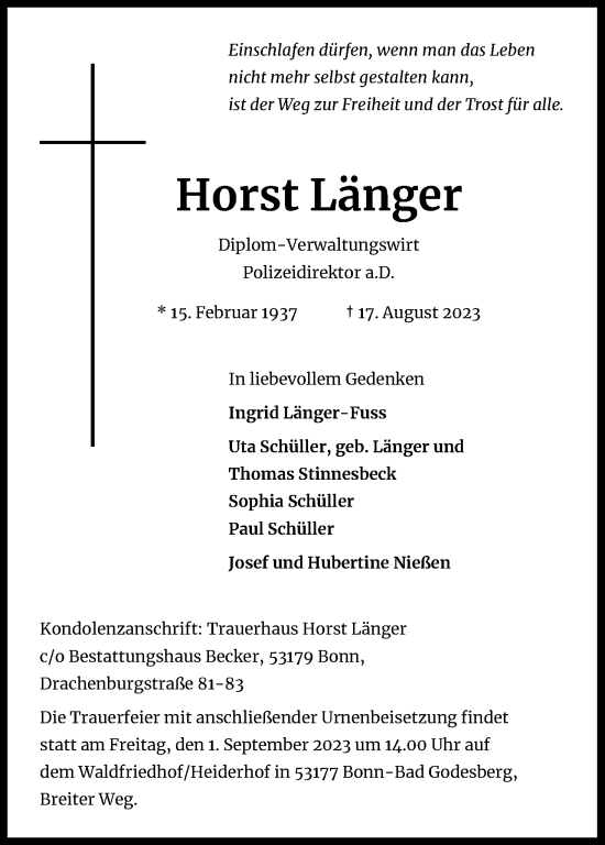 Anzeige von Horst Länger von Kölner Stadt-Anzeiger / Kölnische Rundschau / Express