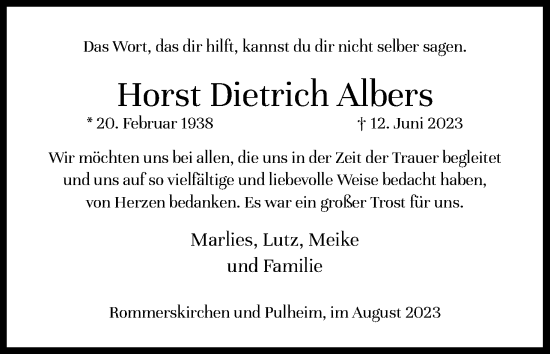 Anzeige von Horst Dietrich Albers von Kölner Stadt-Anzeiger / Kölnische Rundschau / Express