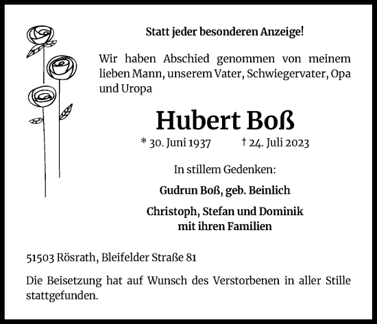 Anzeige von Hubert Boß von Kölner Stadt-Anzeiger / Kölnische Rundschau / Express