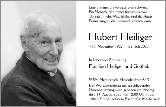 Anzeige von Hubert Heiliger von  Blickpunkt Euskirchen 