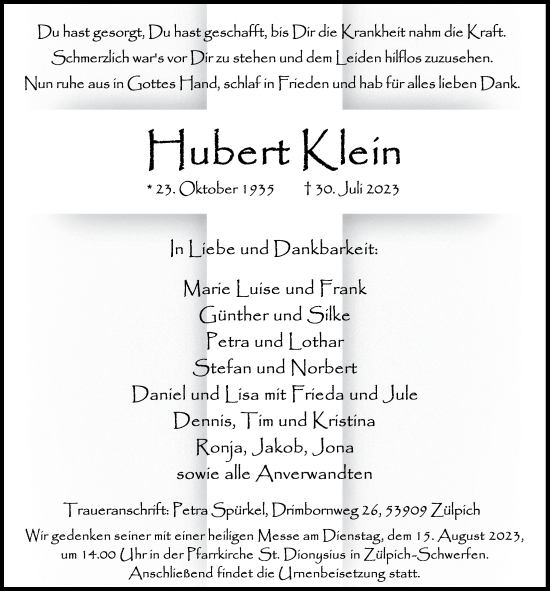 Anzeige von Hubert Klein von  Blickpunkt Euskirchen 