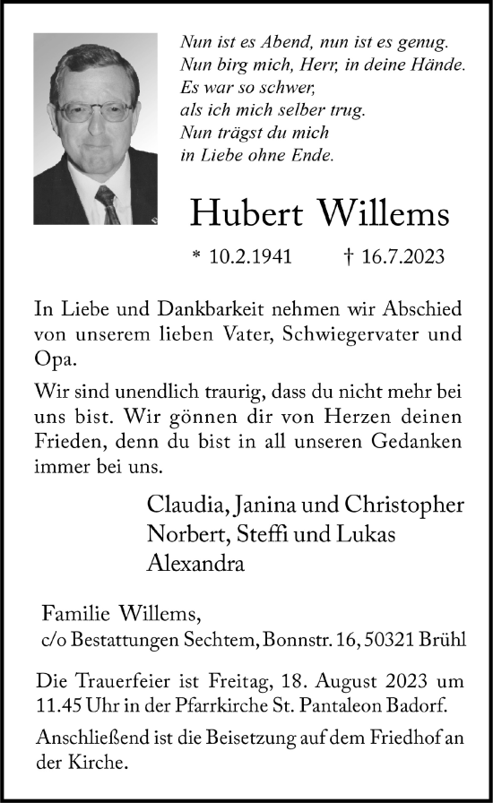 Anzeige von Hubert Willems von  Schlossbote/Werbekurier 