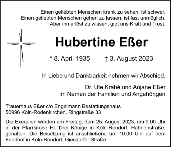 Anzeige von Hubertine Eßer von Kölner Stadt-Anzeiger / Kölnische Rundschau / Express