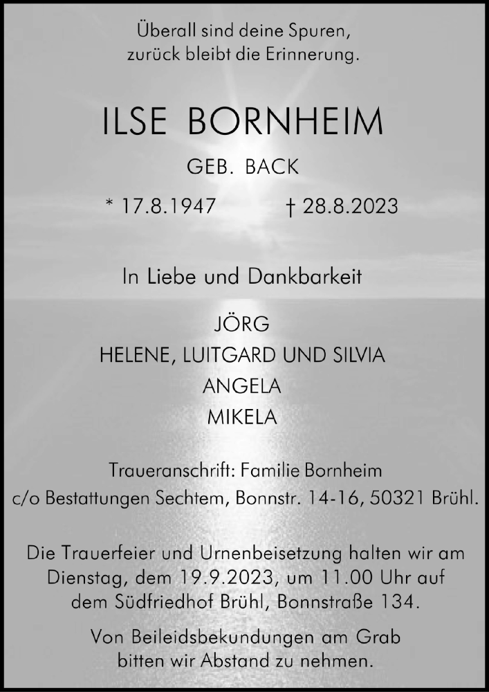  Traueranzeige für Ilse Bornheim vom 01.09.2023 aus  Schlossbote/Werbekurier 