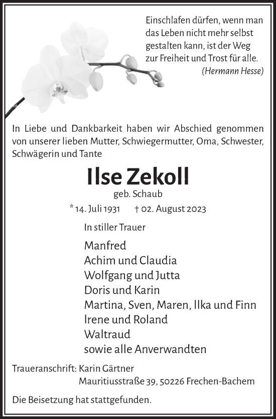 Anzeige von Ilse Zekoll von  Wochenende 