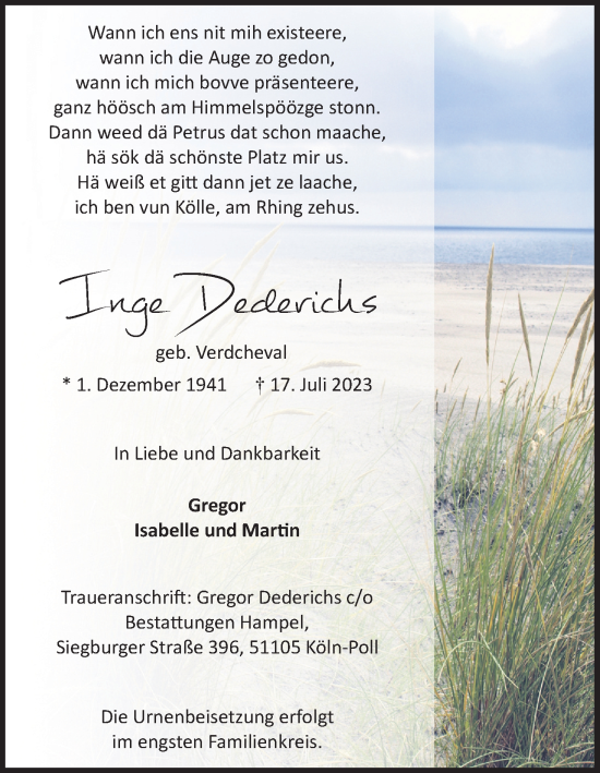 Anzeige von Inge Dederichs von Kölner Stadt-Anzeiger / Kölnische Rundschau / Express