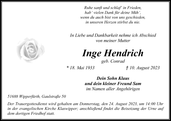 Anzeige von Inge Hendrich von Kölner Stadt-Anzeiger / Kölnische Rundschau / Express