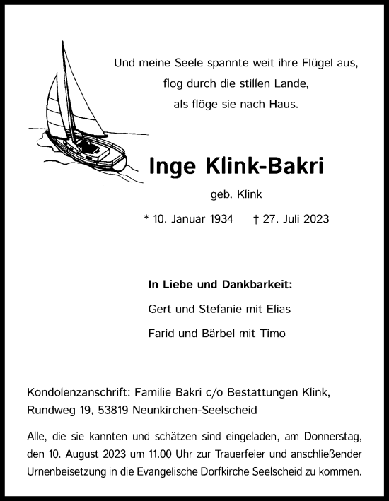 Anzeige von Inge Klink-Bakri von Kölner Stadt-Anzeiger / Kölnische Rundschau / Express