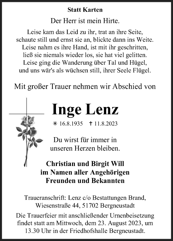 Anzeige von Inge Lenz von Kölner Stadt-Anzeiger / Kölnische Rundschau / Express