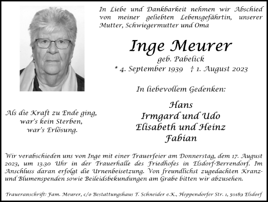 Anzeige von Inge Meurer von  Werbepost 