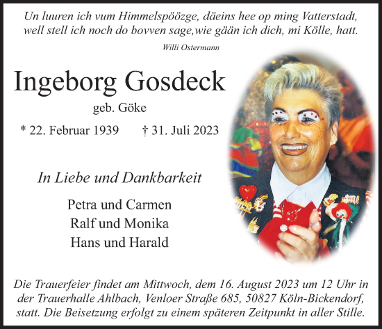 Anzeige von Ingeborg Gosdeck von Kölner Stadt-Anzeiger / Kölnische Rundschau / Express
