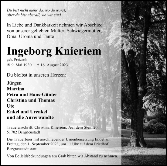 Anzeige von Ingeborg Knieriem von Kölner Stadt-Anzeiger / Kölnische Rundschau / Express
