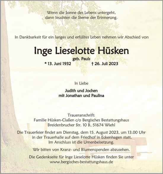 Anzeige von Inge Lieselotte Hüsken von Kölner Stadt-Anzeiger / Kölnische Rundschau / Express