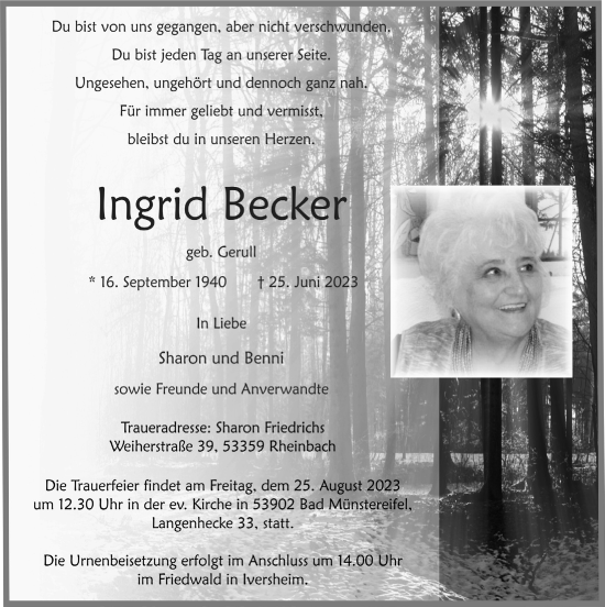 Anzeige von Ingrid Becker von  Blickpunkt Euskirchen 