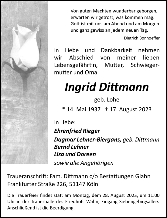 Anzeige von Ingrid Dittmann von  EXPRESS - Die Woche 