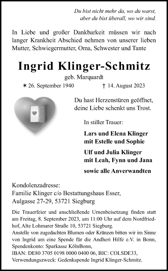Anzeige von Ingrid Klinger-Schmitz von Kölner Stadt-Anzeiger / Kölnische Rundschau / Express