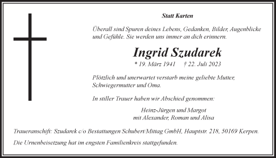 Anzeige von Ingrid Szudarek von  Wochenende 