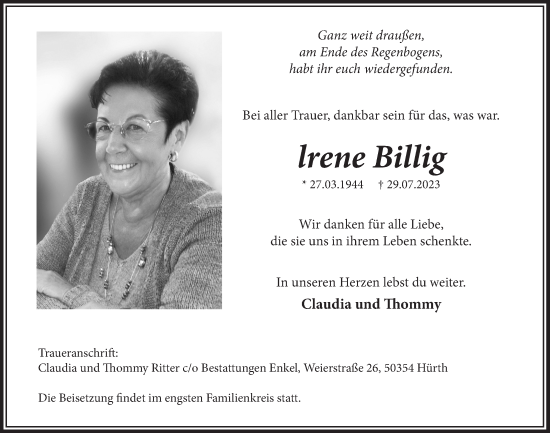 Anzeige von Irene Billig von  Wochenende 