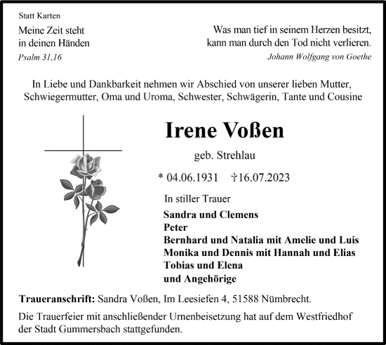 Anzeige von Irene Voßen von  Anzeigen Echo 