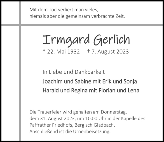 Anzeige von Irmear Gerlich von  Bergisches Handelsblatt 