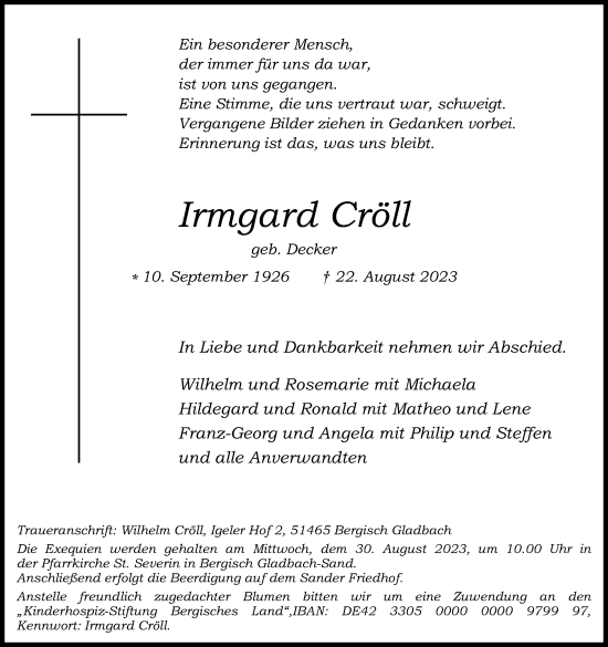 Anzeige von Irmgard Cröll von Kölner Stadt-Anzeiger / Kölnische Rundschau / Express