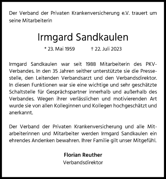 Anzeige von Irmgard Sandkaulen von Kölner Stadt-Anzeiger / Kölnische Rundschau / Express