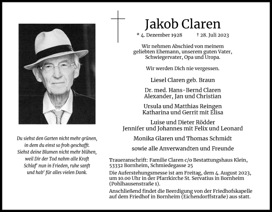 Anzeige von Jakob Claren von Kölner Stadt-Anzeiger / Kölnische Rundschau / Express