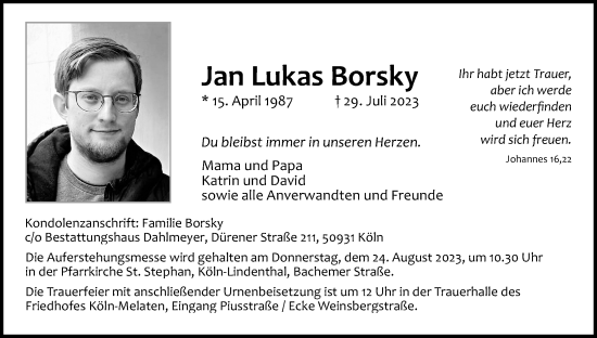 Anzeige von Jan Lukas Borsky von Kölner Stadt-Anzeiger / Kölnische Rundschau / Express