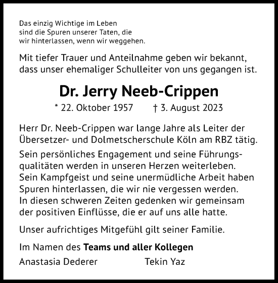 Anzeige von Jerry Neeb-Crippen von Kölner Stadt-Anzeiger / Kölnische Rundschau / Express