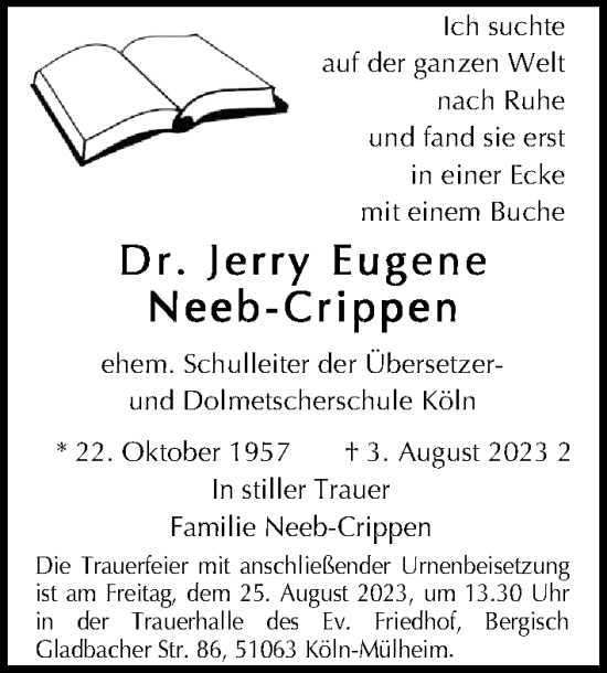 Anzeige von Jerry Eugene Neeb-Crippen von Kölner Stadt-Anzeiger / Kölnische Rundschau / Express