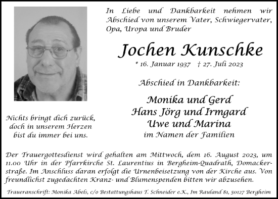 Anzeige von Jochen Kunschke von  Werbepost 