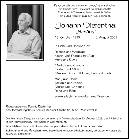 Anzeige von Johann Diefenthal von  Blickpunkt Euskirchen 