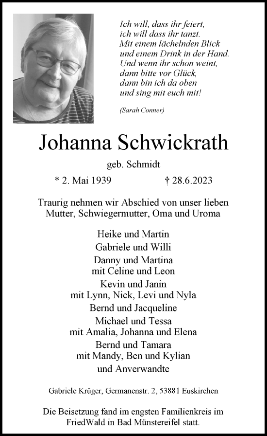 Anzeige von Johanna Schwickrath von  Schlossbote/Werbekurier 