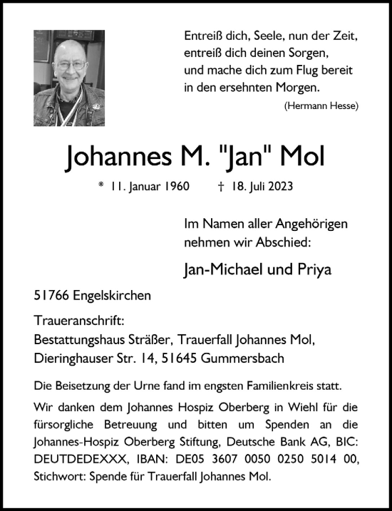 Anzeige von Johannes M. Mol von  Anzeigen Echo 